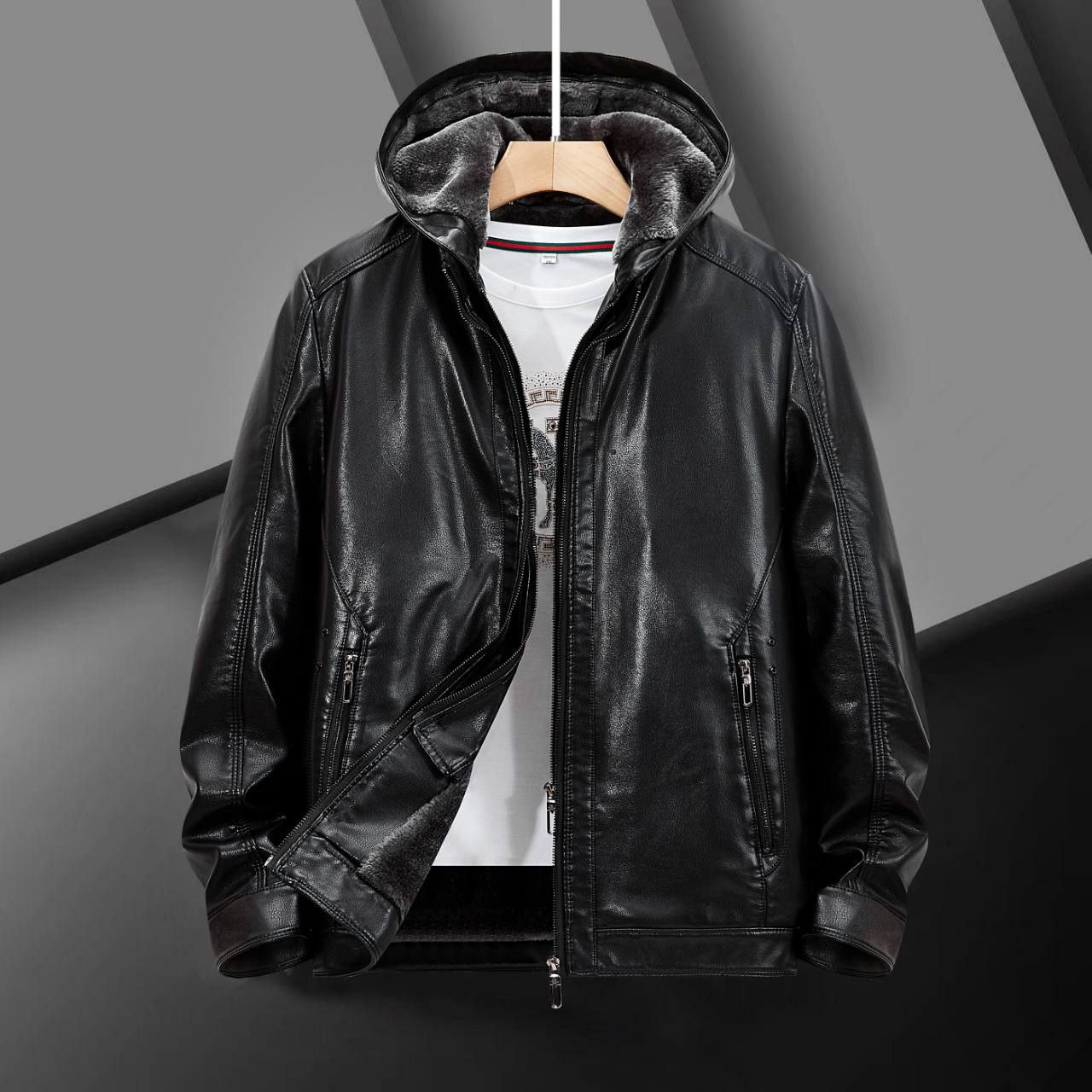 کاپشن چرم کلاسیک کلاه دار کد 985