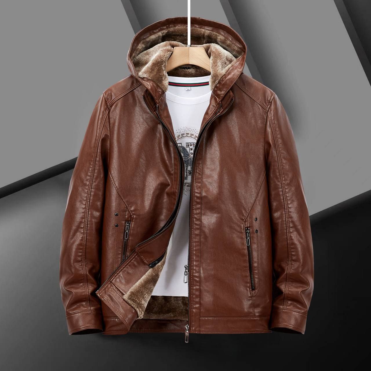 کاپشن چرم کلاسیک کلاه دار کد 985